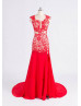 Red Lace Chiffon Backless Long Prom Dress 